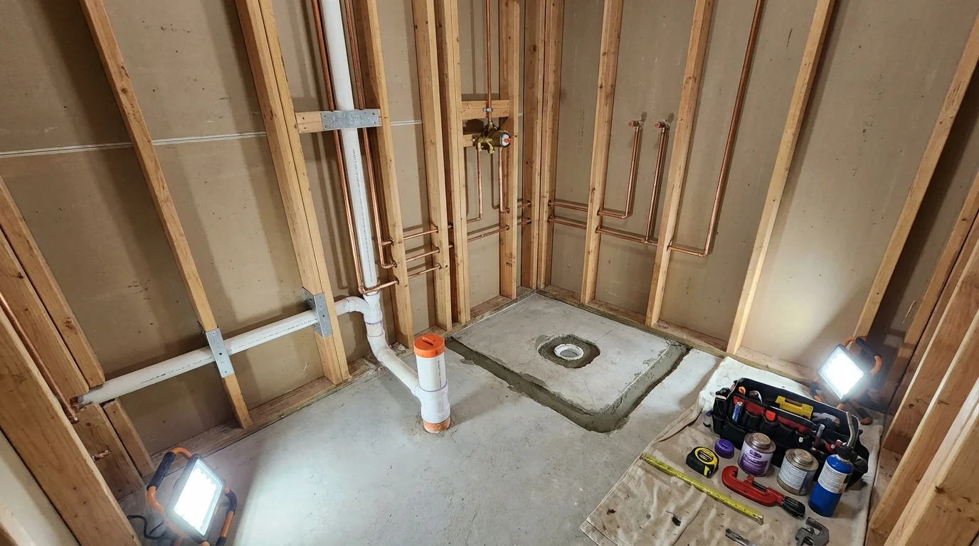 Bathroom rough-in plumbing during remodel by Johns Plumbing LLC in North Platte