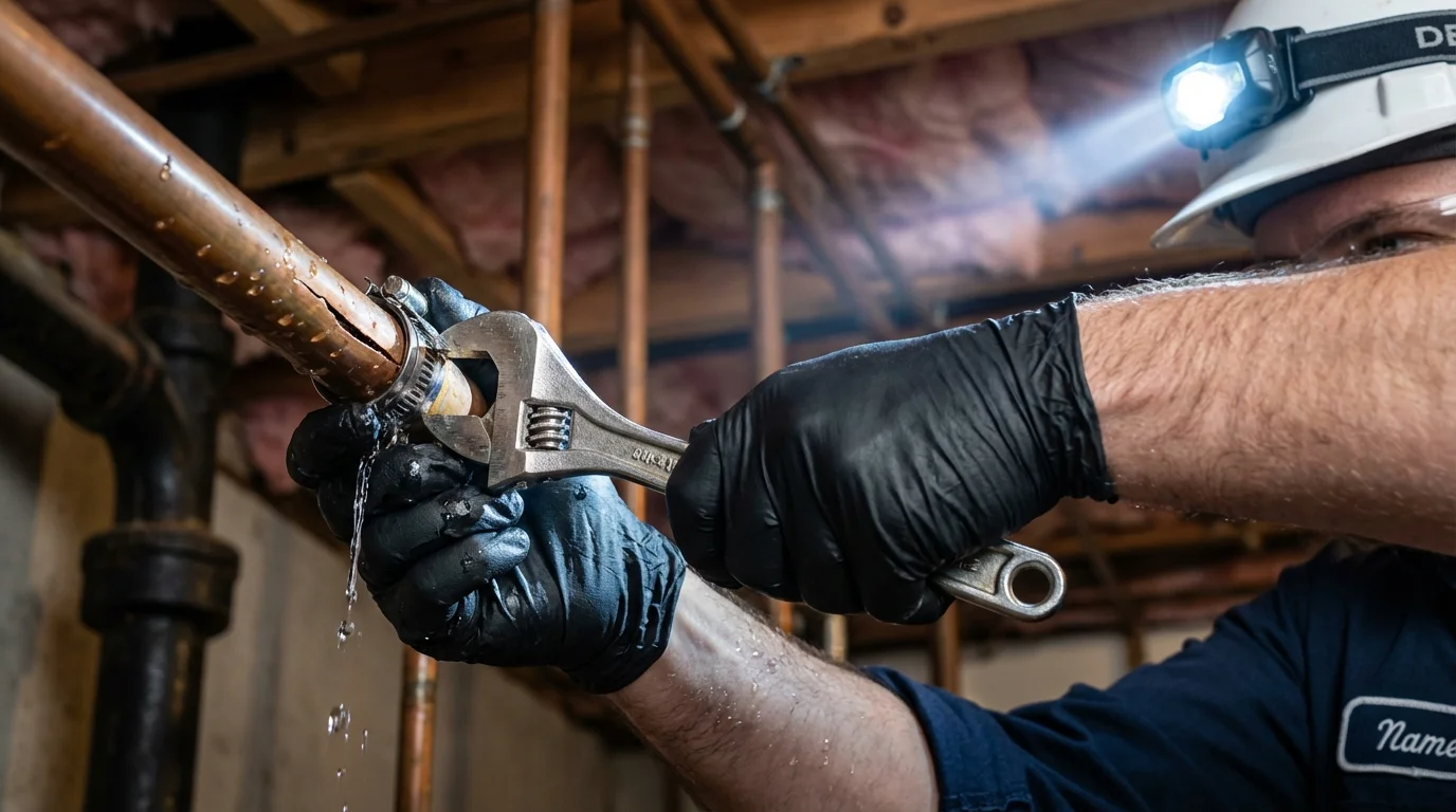 Emergency pipe clamp repair being performed by a Johns Plumbing LLC plumber in North Platte