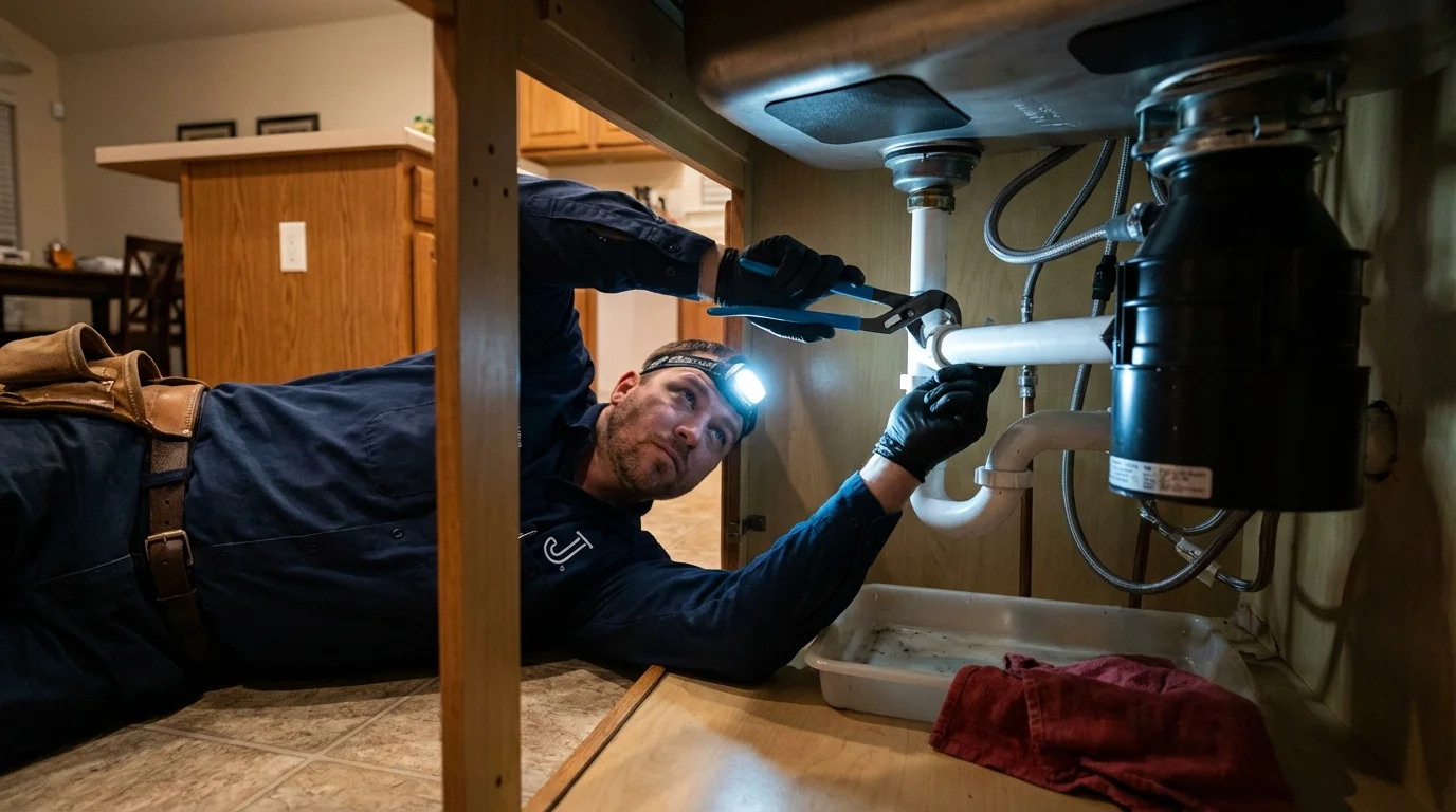 P-trap and supply line connections under a kitchen sink showing a common leak point in North Platte, NE
